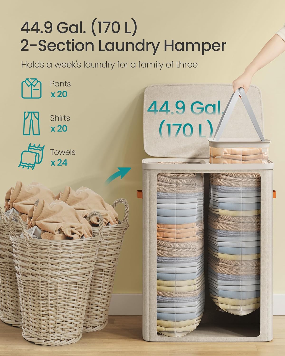 SONGMICS Laundry Basket, 44.9 Gal. Laundry Hamper, 2 Compartments, Easy Assembly, with Lid and