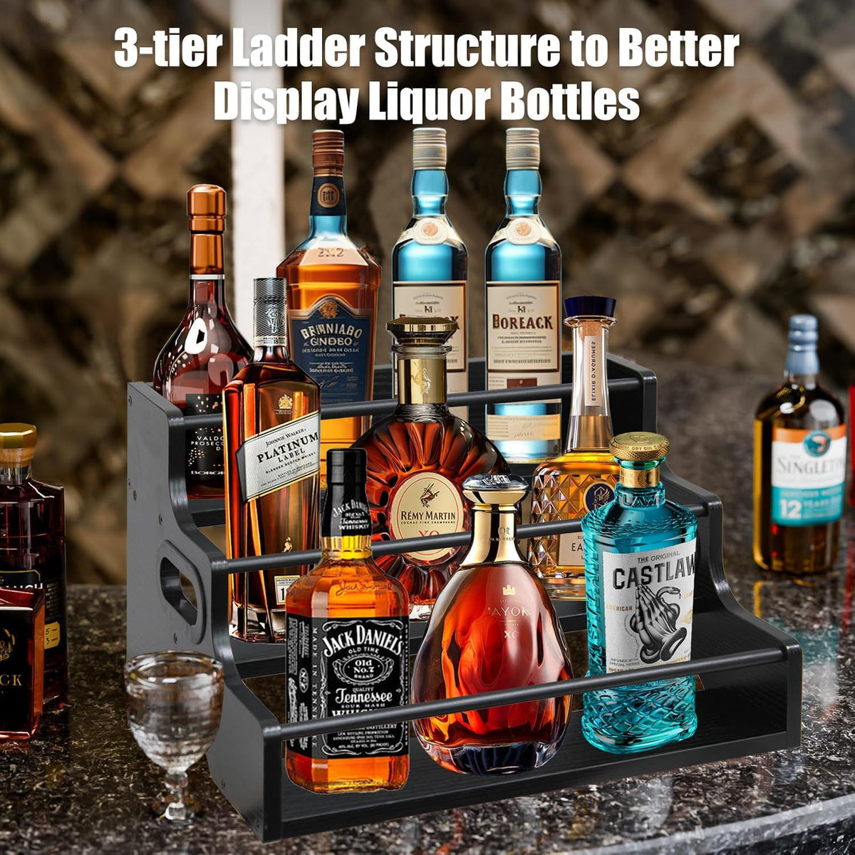 AT-VALY 3-Tier Spice Rack, Iron&MDF Kitchen Storage Shelf, Space-Saving Countertop Organizer for