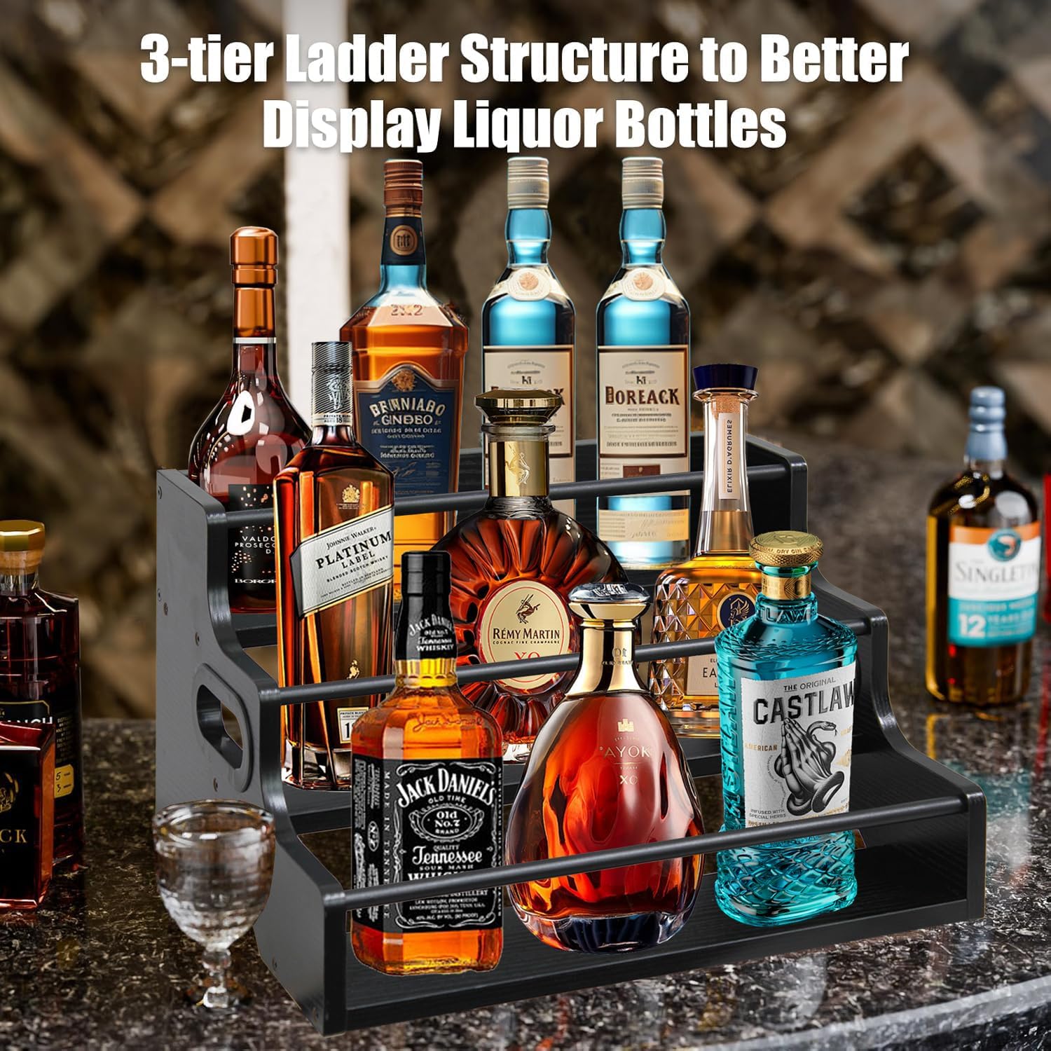 AT-VALY 3-Tier Spice Rack, Iron&MDF Kitchen Storage Shelf, Space-Saving Countertop Organizer for