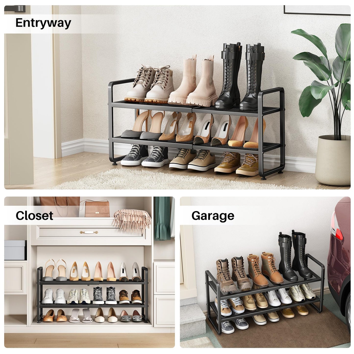 Expandable Metal Shoe Rack for Closet, Entryway & Garage, 2-Tier, Black