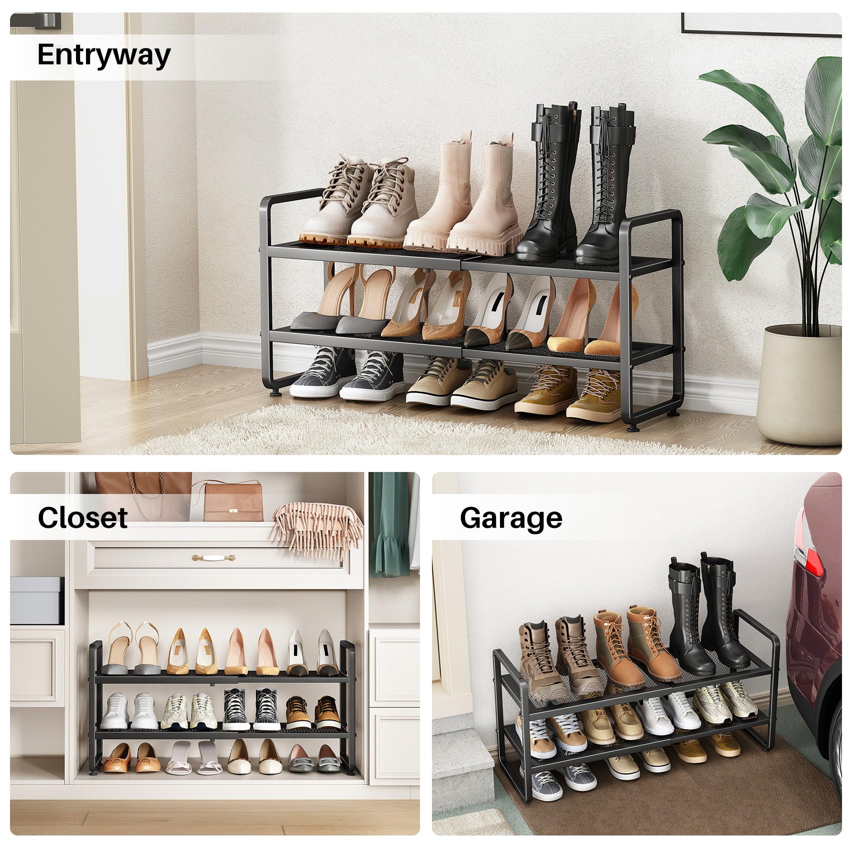 Expandable Metal Shoe Rack for Closet, Entryway & Garage, 2-Tier, Black