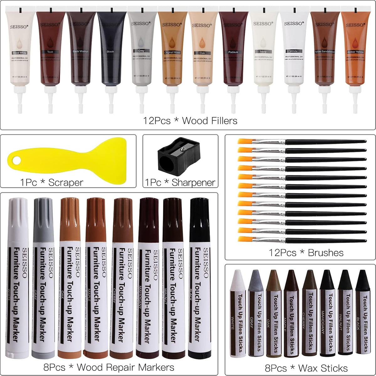 SEISSO Wood Furniture Repair Kit, 42 Pcs Wood Filler and Touch Up Markers with Wax Sticks, Vinyl