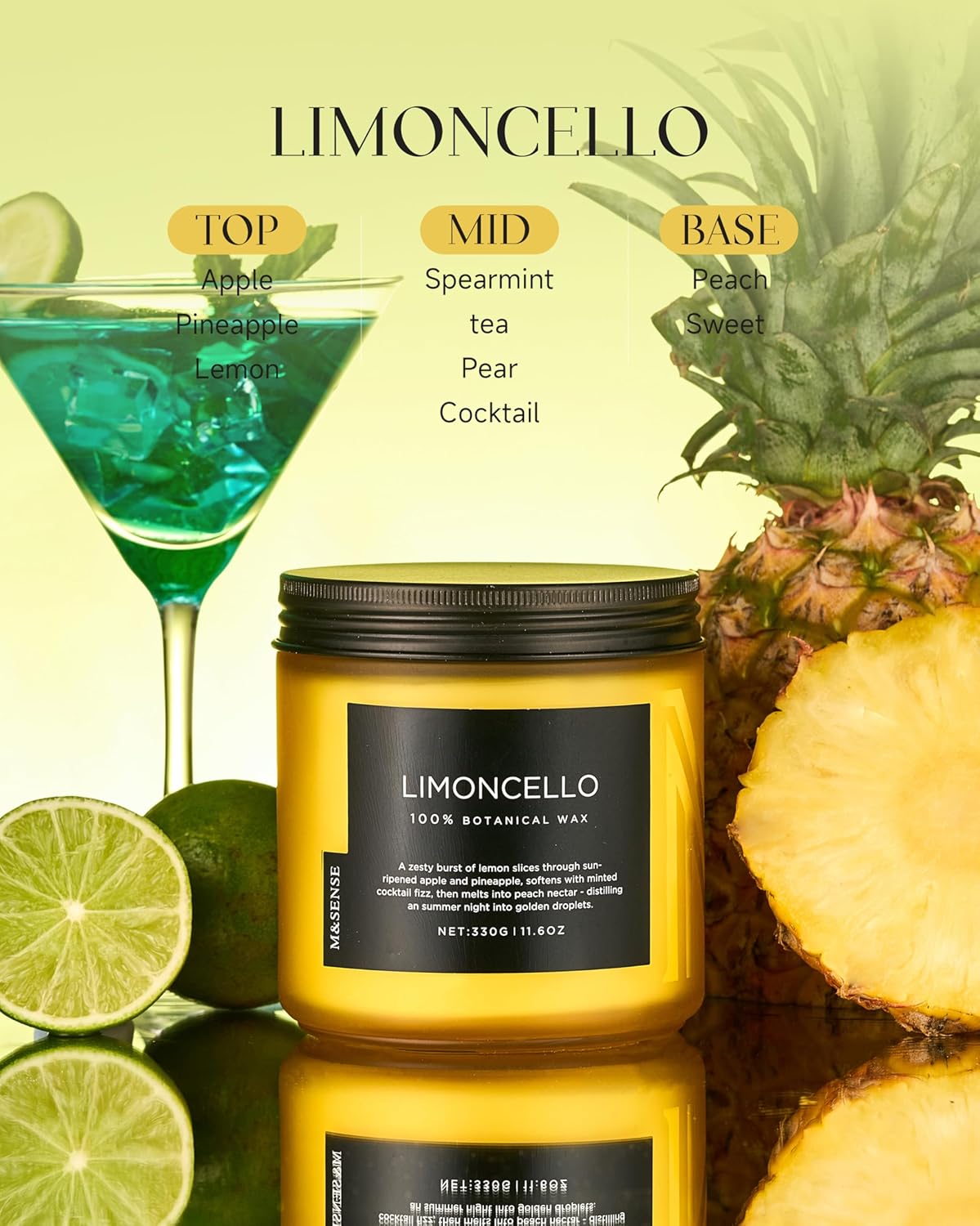 M&SENSE Limocello Scented Candle - 11.6oz Natural Soy Wax Non Toxic 70-Hour Slow Burning 2-Wick