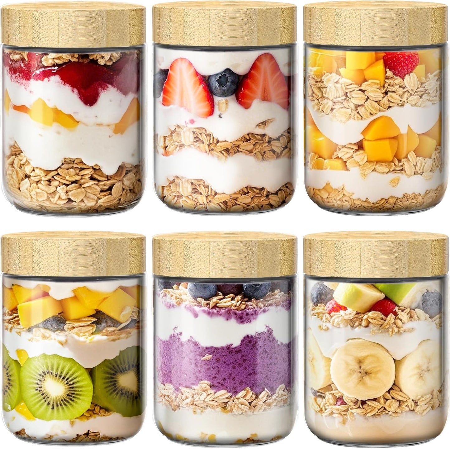 6 Pack 16oz Overnight Oats Containers with Bamboo Lids, Glass Jars with Airtight Lids for Meal
