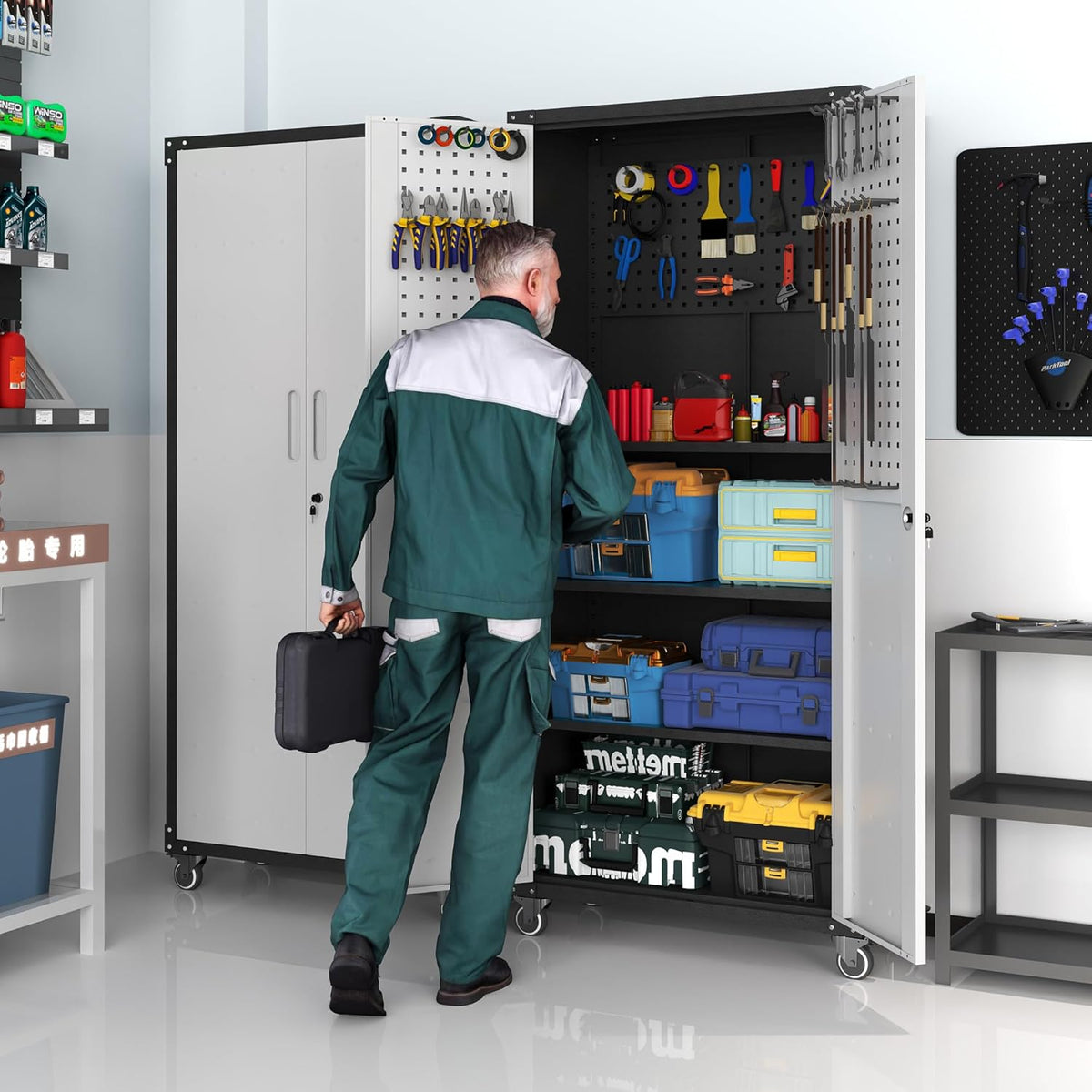 Garage Metal Storage Cabinet with Pegboard, 71'' Tall Storage Cabinet with Adjustable Shelves and