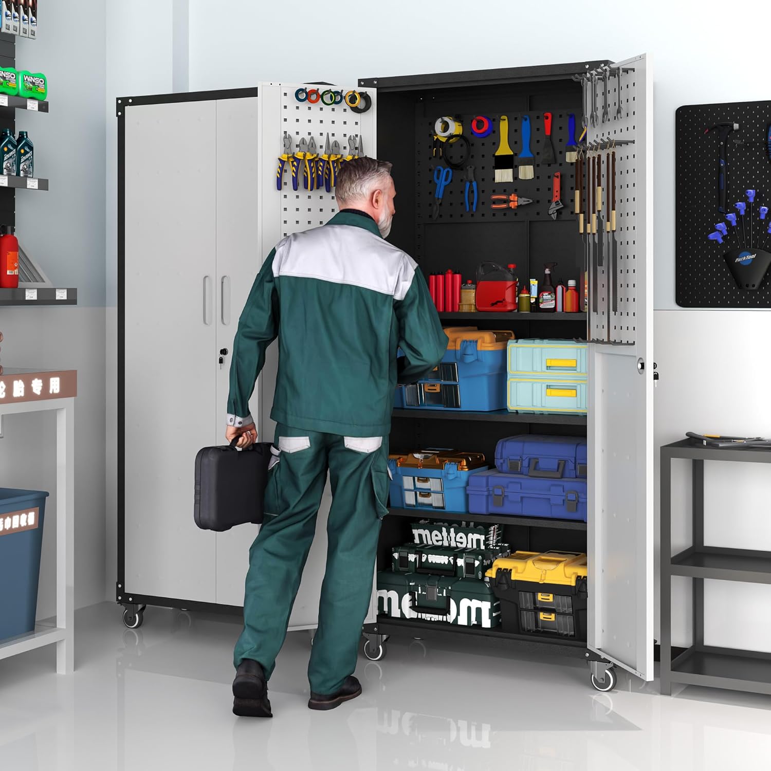 Garage Metal Storage Cabinet with Pegboard, 71'' Tall Storage Cabinet with Adjustable Shelves and