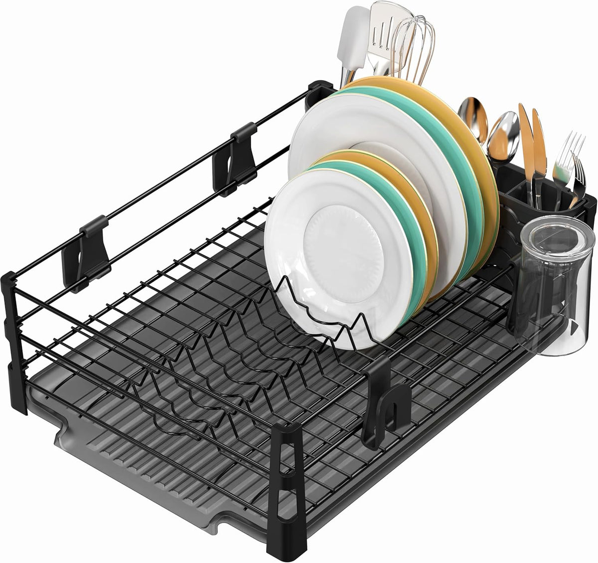 SIMPLE HOUSEWARE Dish Drying Rack with Drainboard, Utensil Holder & Mug Hooks, Black Metal Kitchen