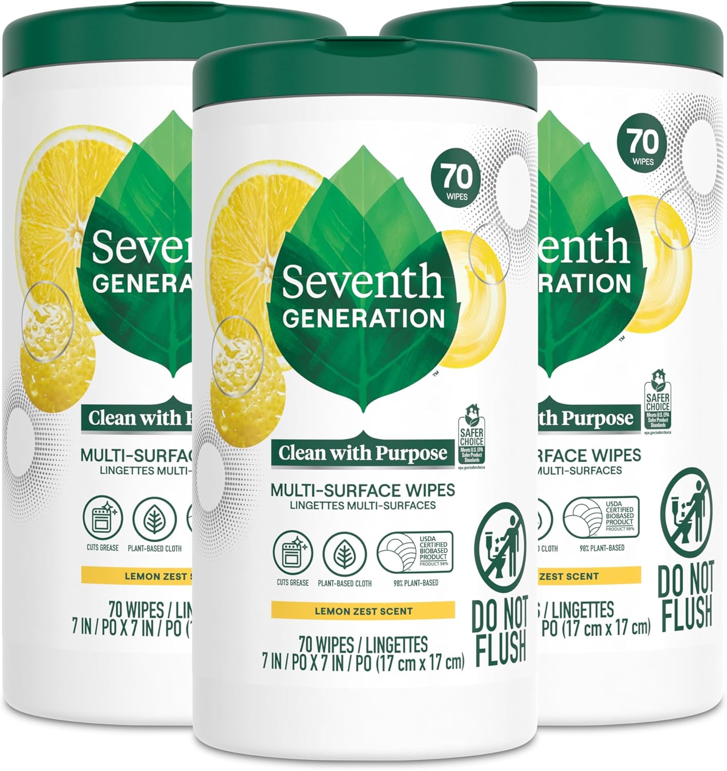 Seventh Generation Multi Surface Wipes, Pack of 3, for all purpose cleaning, lemon zest scent with