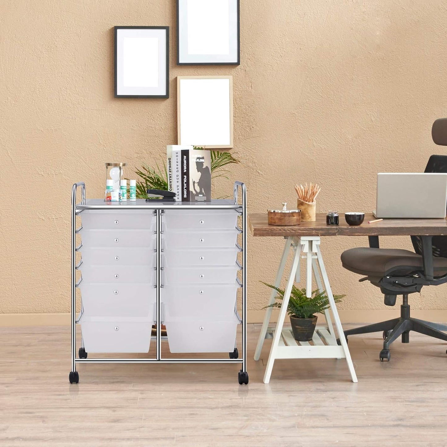 GOFLAME 12-Drawer Rolling Storage Cart, Multipurpose Organizer Cart with 2 Sizes Plastic Drawers
