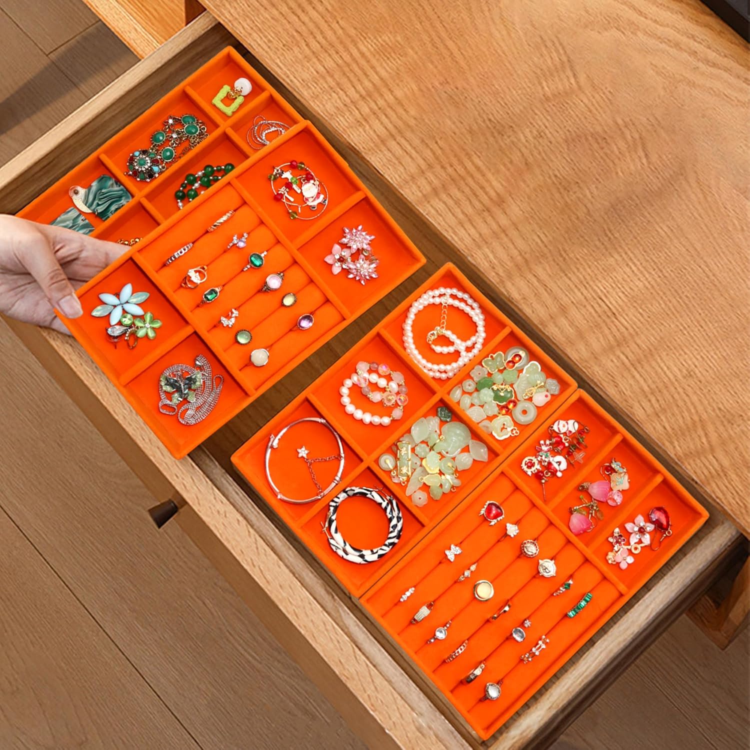 Jewelry Organizer Tray Stackable Velvet Jewelry Trays Drawer Inserts Earring Ring Necklace