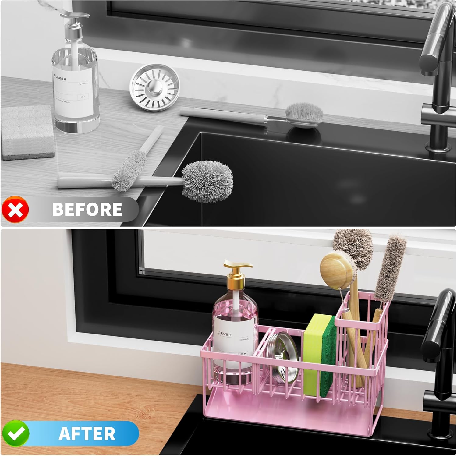 Cisily Pink Kitchen Sink Caddy Organzier with High Brush Holder, Sponge Holder for Sink, 304