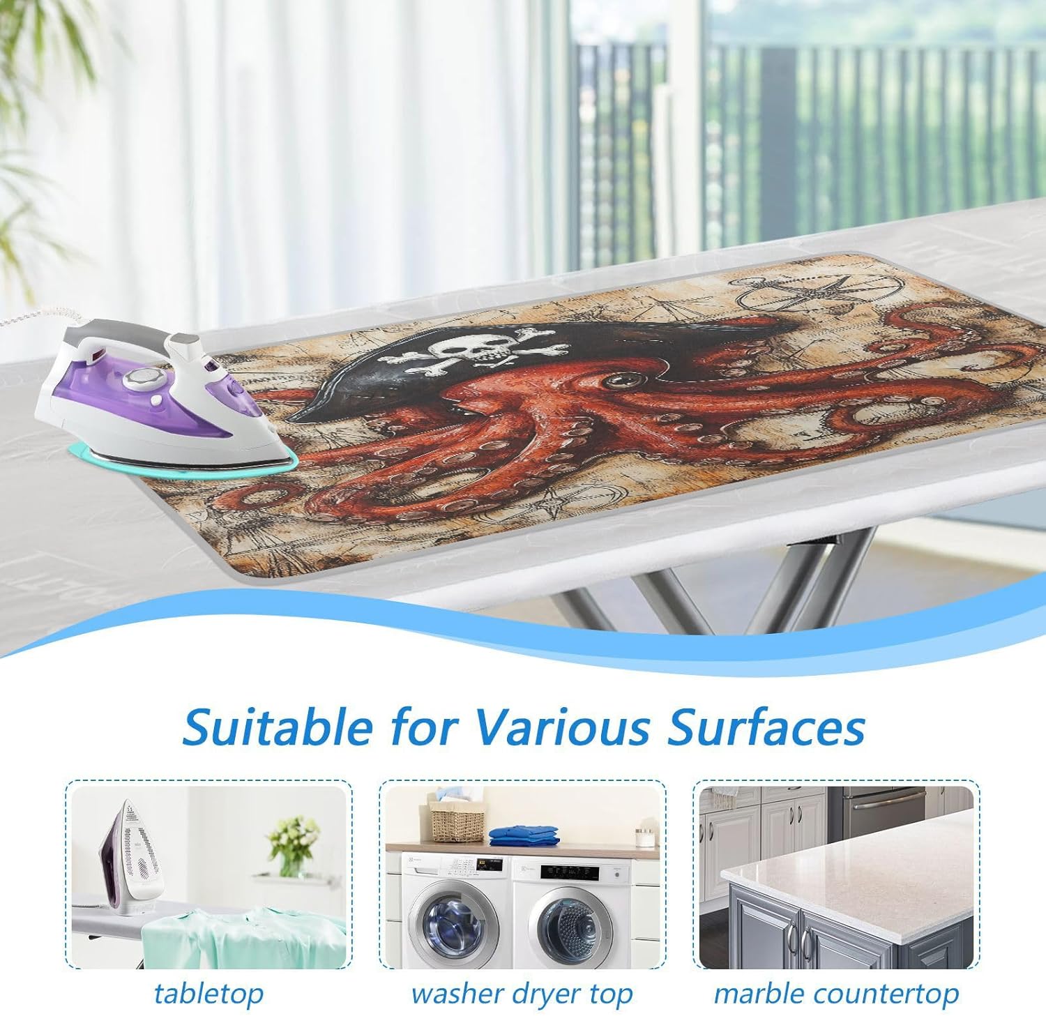 Octopus Pirate and Compass Ironing Mat for Table top Portable Ironing Pad Blanket for Washer Dryer