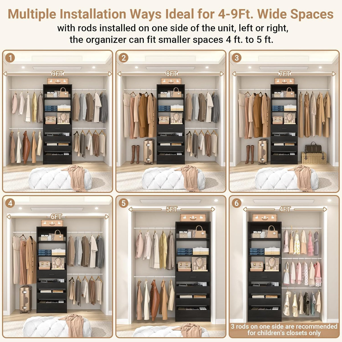 Aheaplus Closet System, 4-9Ft Closet Organizer with 4 Wooden Drawers, Wood Closet Organizer System