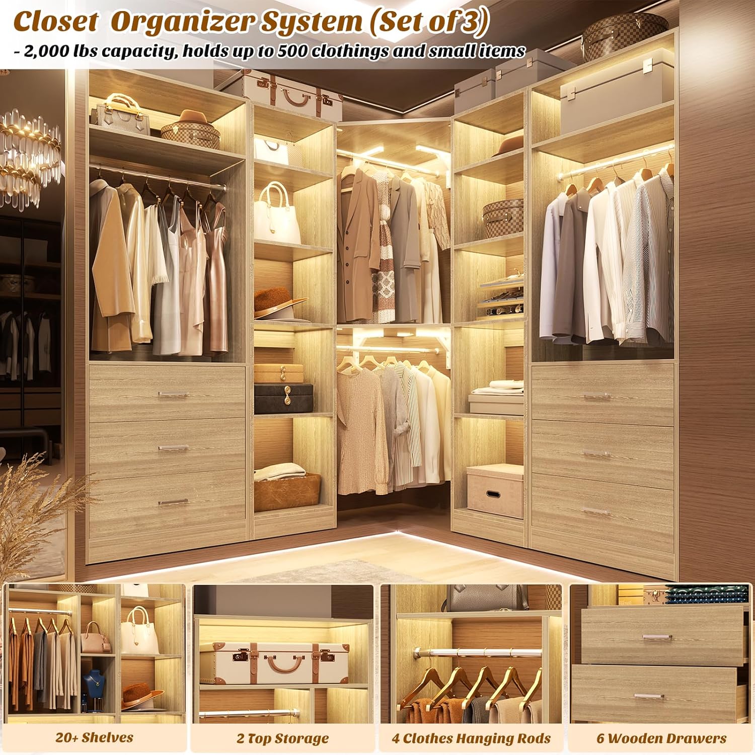 Corner Closet System with 6 Drawers, Closet Organizer System with 14 Shelves & 4 Hanging Rods