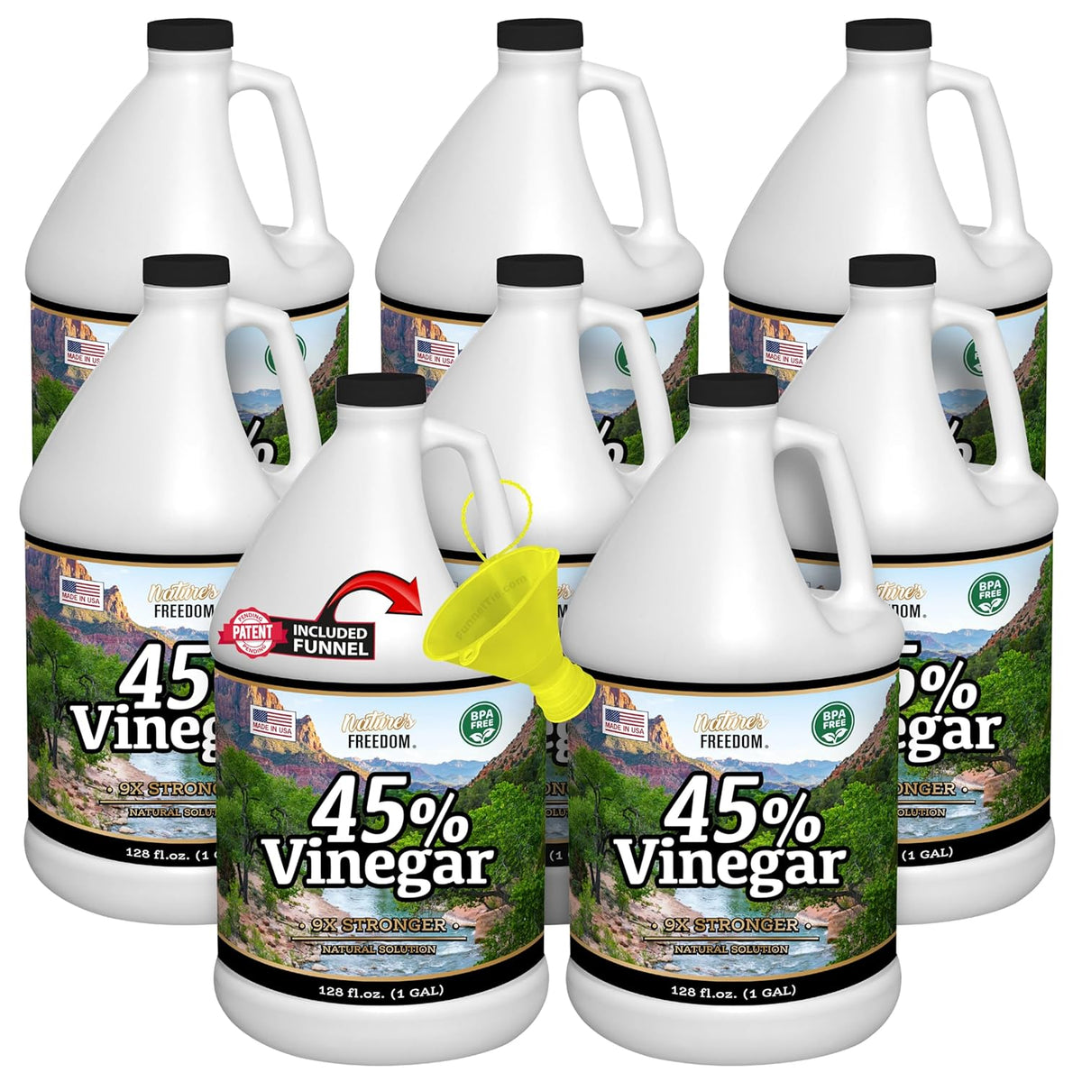 Nature's Freedom 45% Concentrated Vinegar with Funnel, 8 Gallons - Dilutes to 72 Gallons - 9x