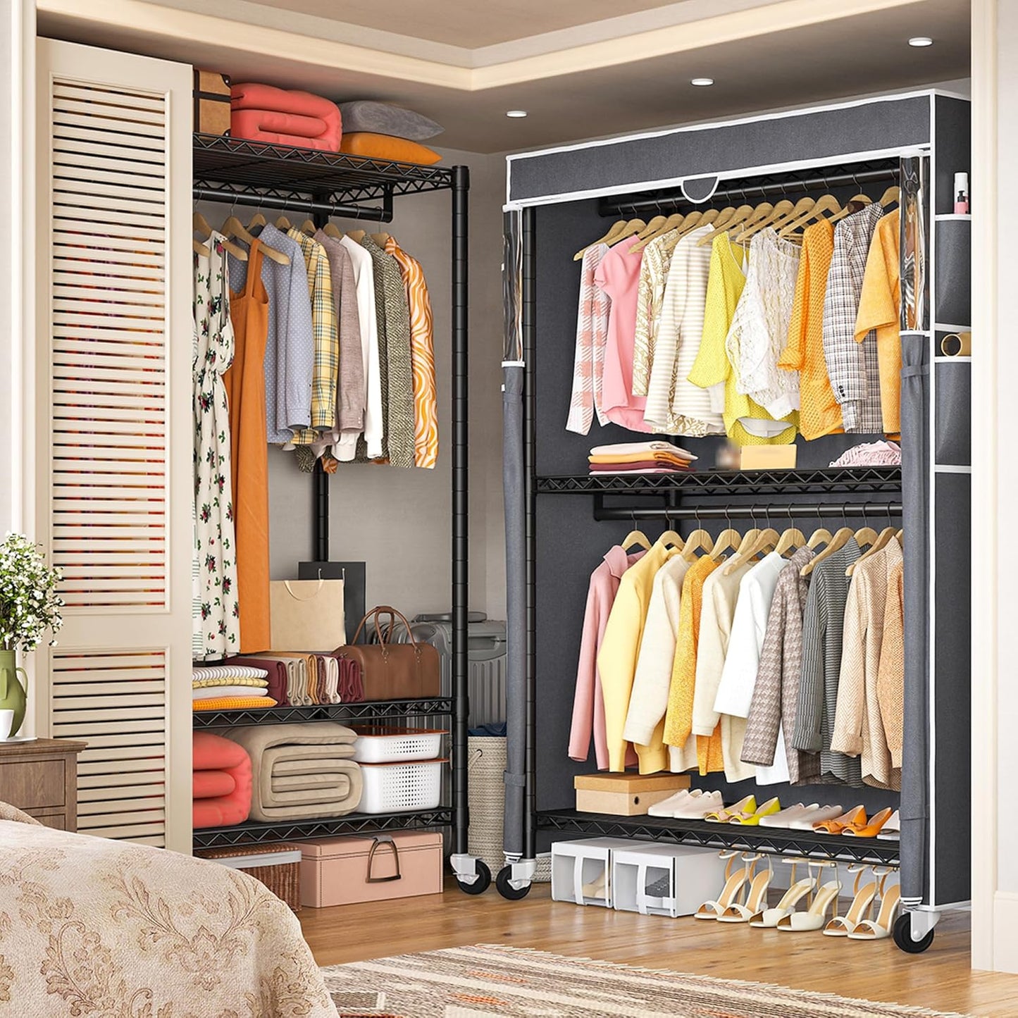 Raybee Clothes Rack with Cover, 81" H Clothing Racks for Hanging Clothes, Portable with Wheels and