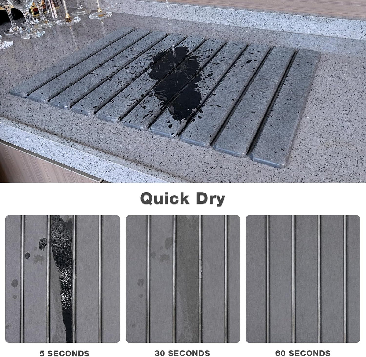 Large Diatomite Kitchen Counter Drying Mat – 24”x16”, Aesthetic Stone Mat for Dishes, Roll-Up