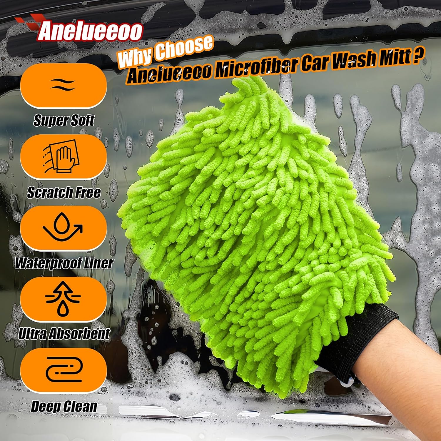 Car Wash Mitt Microfiber, Premium Chenille Microfiber Wash Car Mitts Sponge Scratch Free &