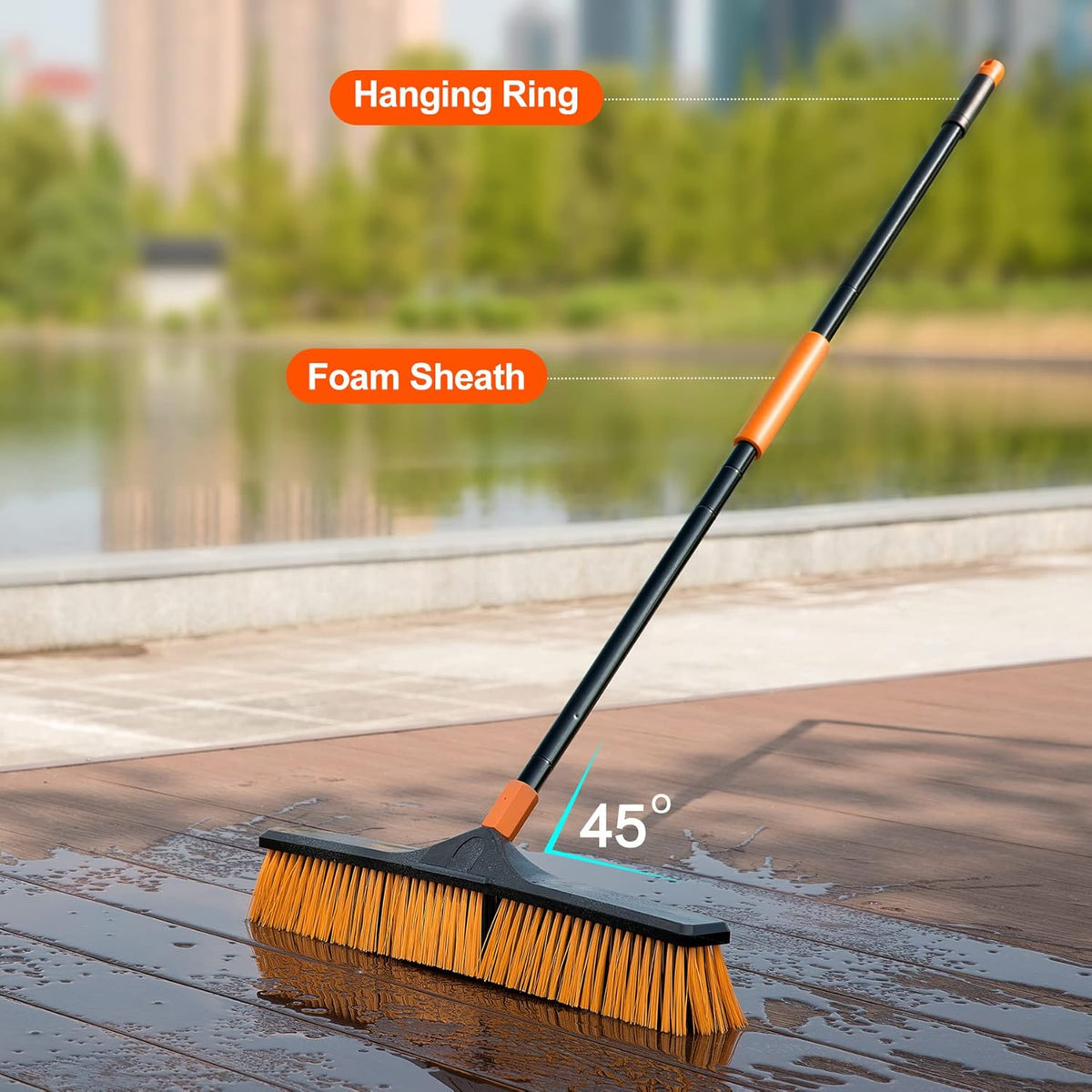 24”Push Broom Brush for Floor Cleaning with 65” Long Handle and Stiff Bristles, Heavy Duty Brush