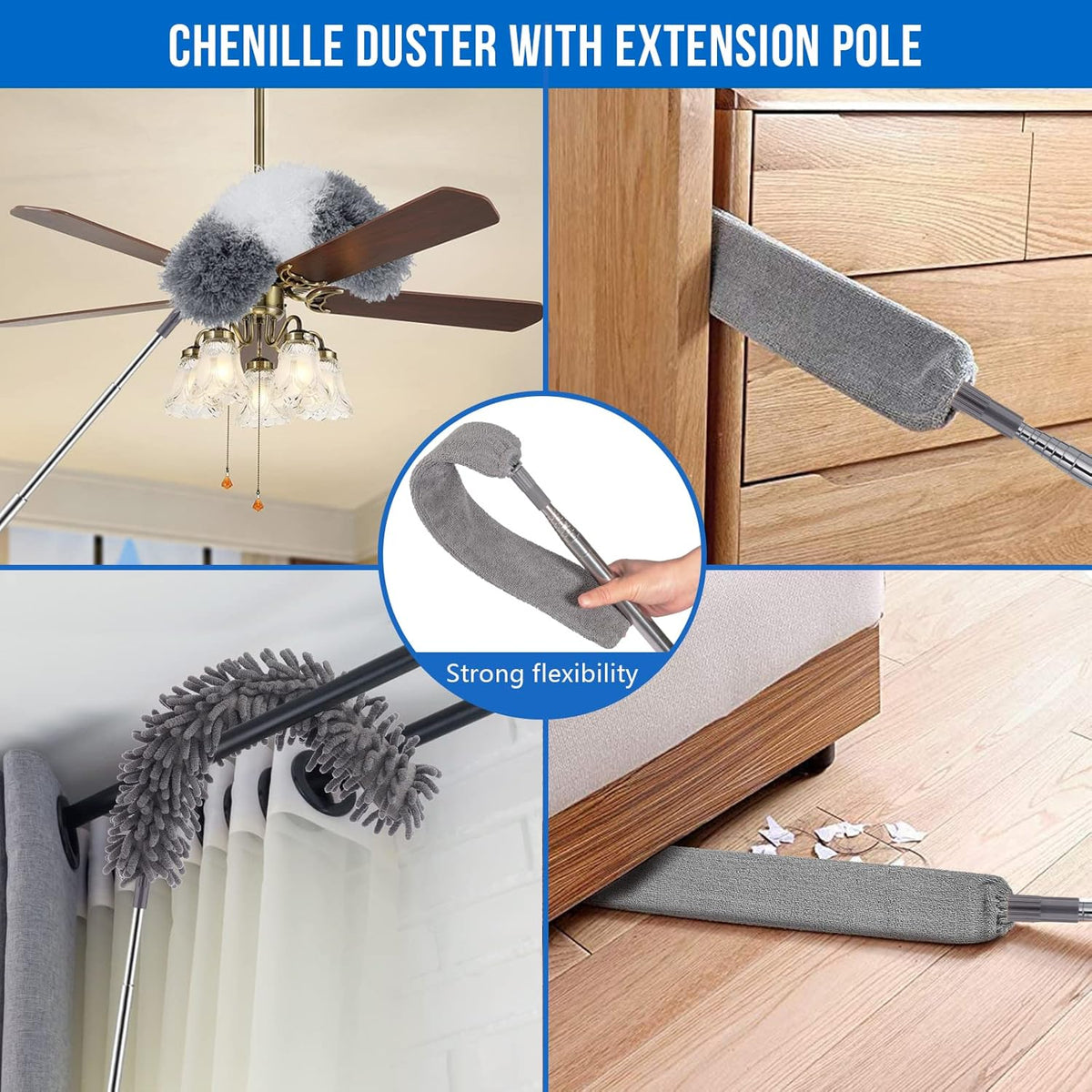 Microfiber Feather Duster Kit with Extension Pole (30–100") – Bendable Washable Heads, Extendable