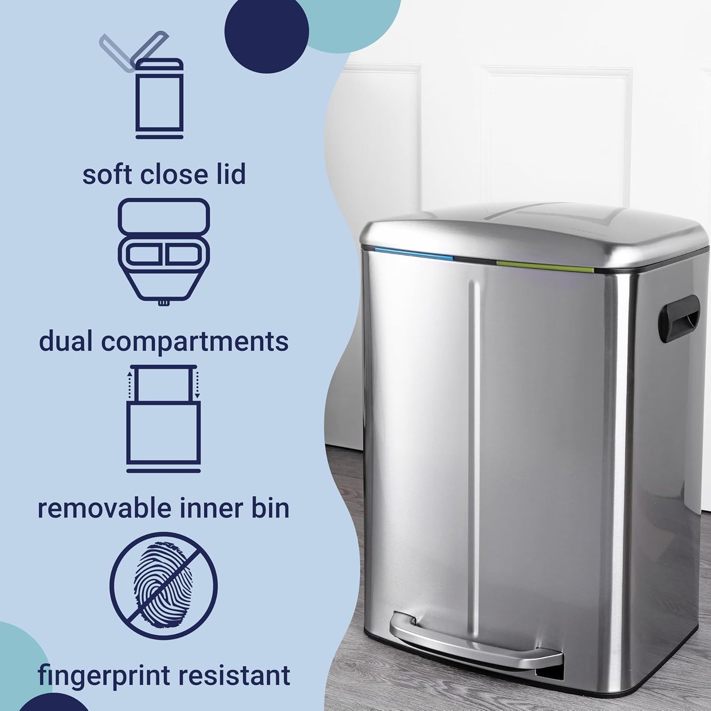 happimess HPM1005A Marco Rectangular 10.5-Gallon Double Bucket Trash Can with Soft-Close Lid
