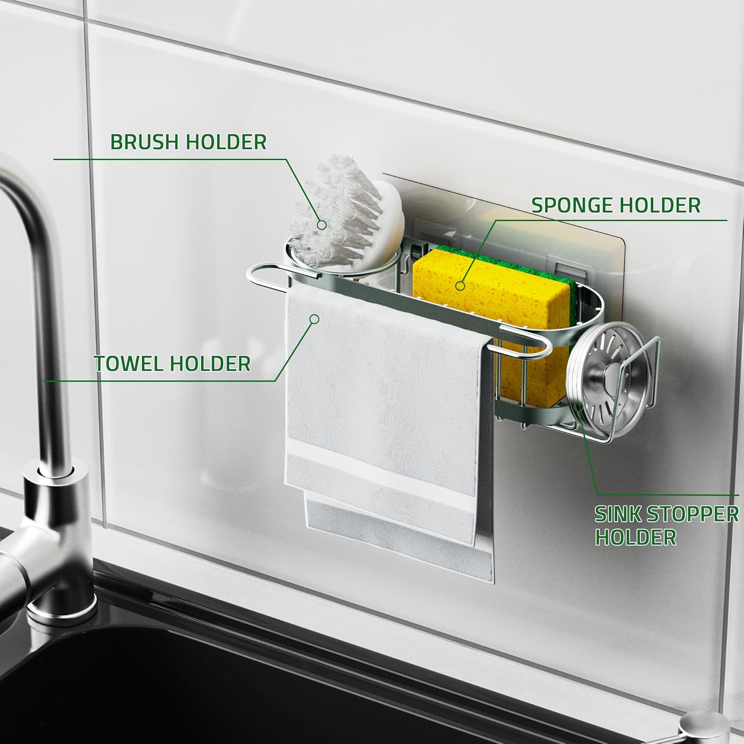 Cisily Sage Green Kitchen Sink Caddy Sponge Holder in the Sink, Stainless Steel Kitchen Organizer