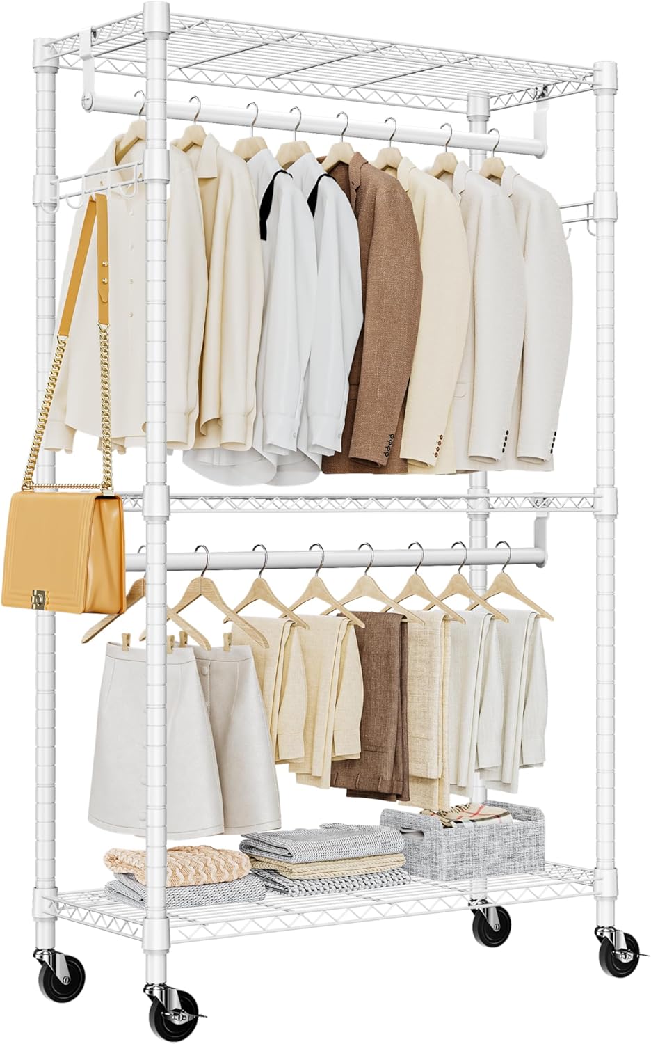 Heavy Duty Rolling Garment Rack 3 Tiers Adjustable Wire Shelving Clothes Rack with 2 Rods and Side