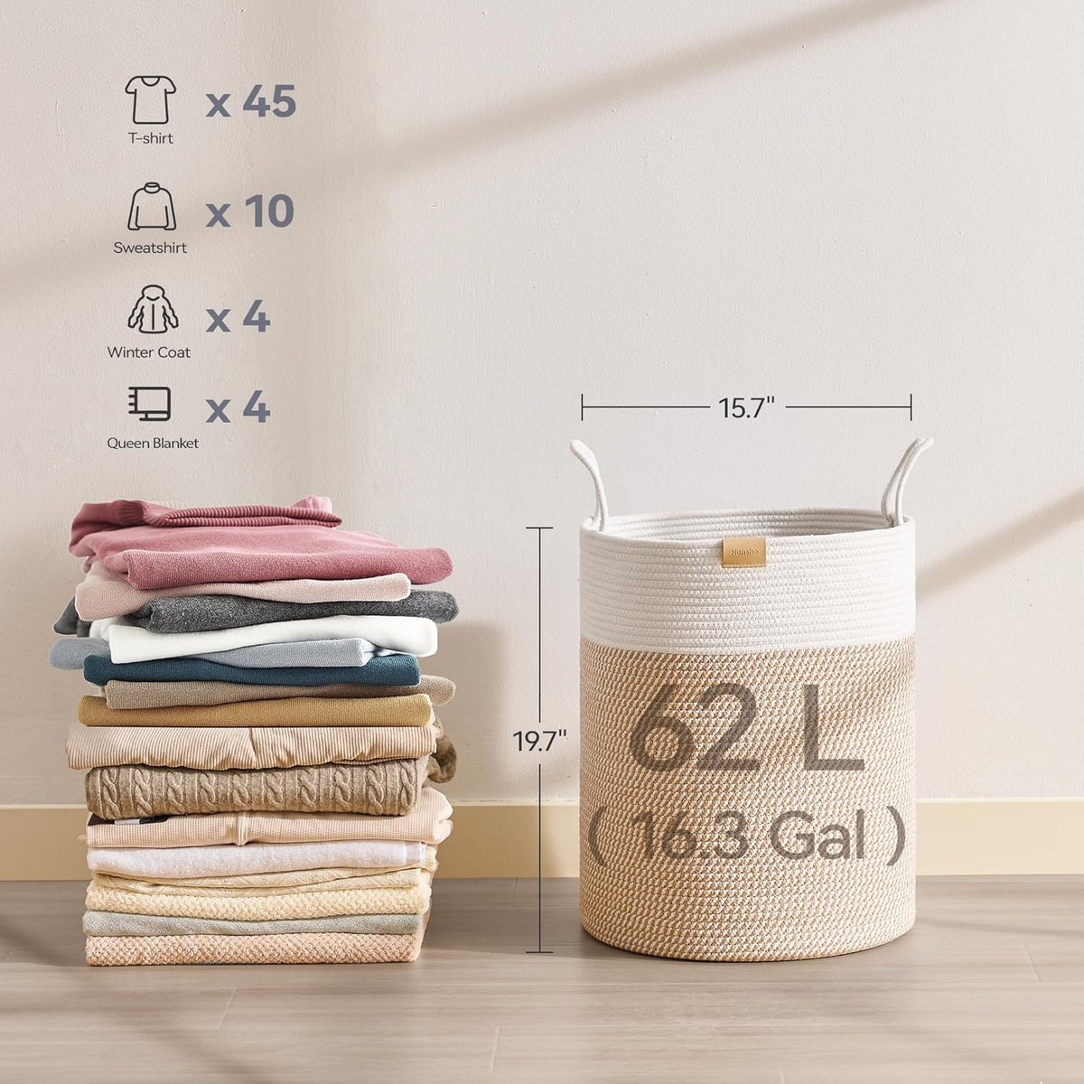 Laundry Hamper 62L,Large Laundry Basket for Clothes,Decorative Storage Basket for Blankets,Cotton