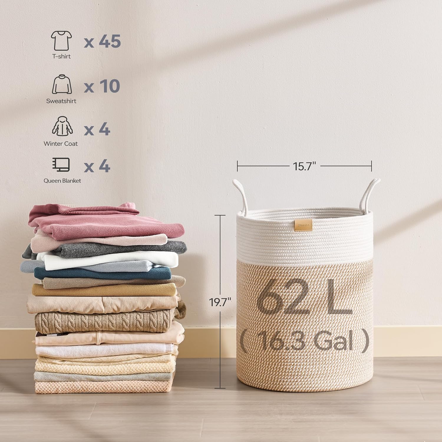 Laundry Hamper 62L,Large Laundry Basket for Clothes,Decorative Storage Basket for Blankets,Cotton