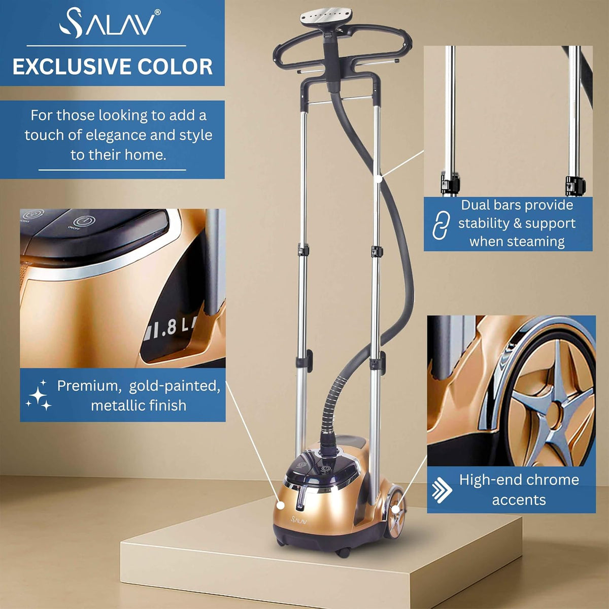SALAV® Professional Garment Steamer for Clothes with Foot Pedal Control, Stainless Steel Steam