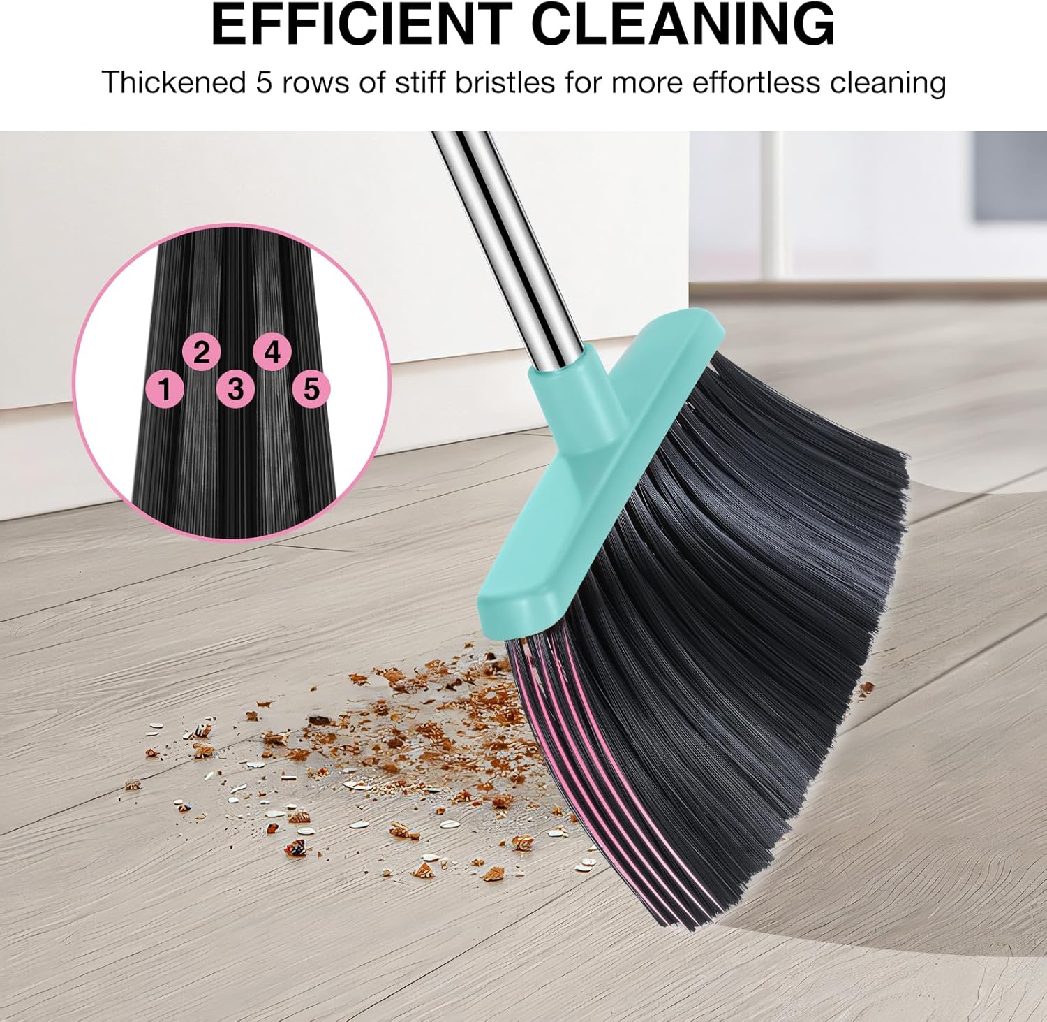 Broom and Dustpan Set, 52-in Long Adjustable Handle Broom Dustpan Combo with Dust pan Teeth to