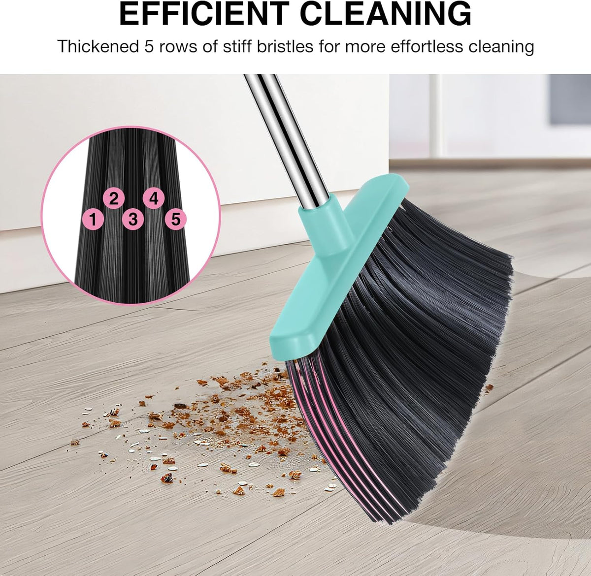 Broom and Dustpan Set, 52-in Long Adjustable Handle Broom Dustpan Combo with Dust pan Teeth to