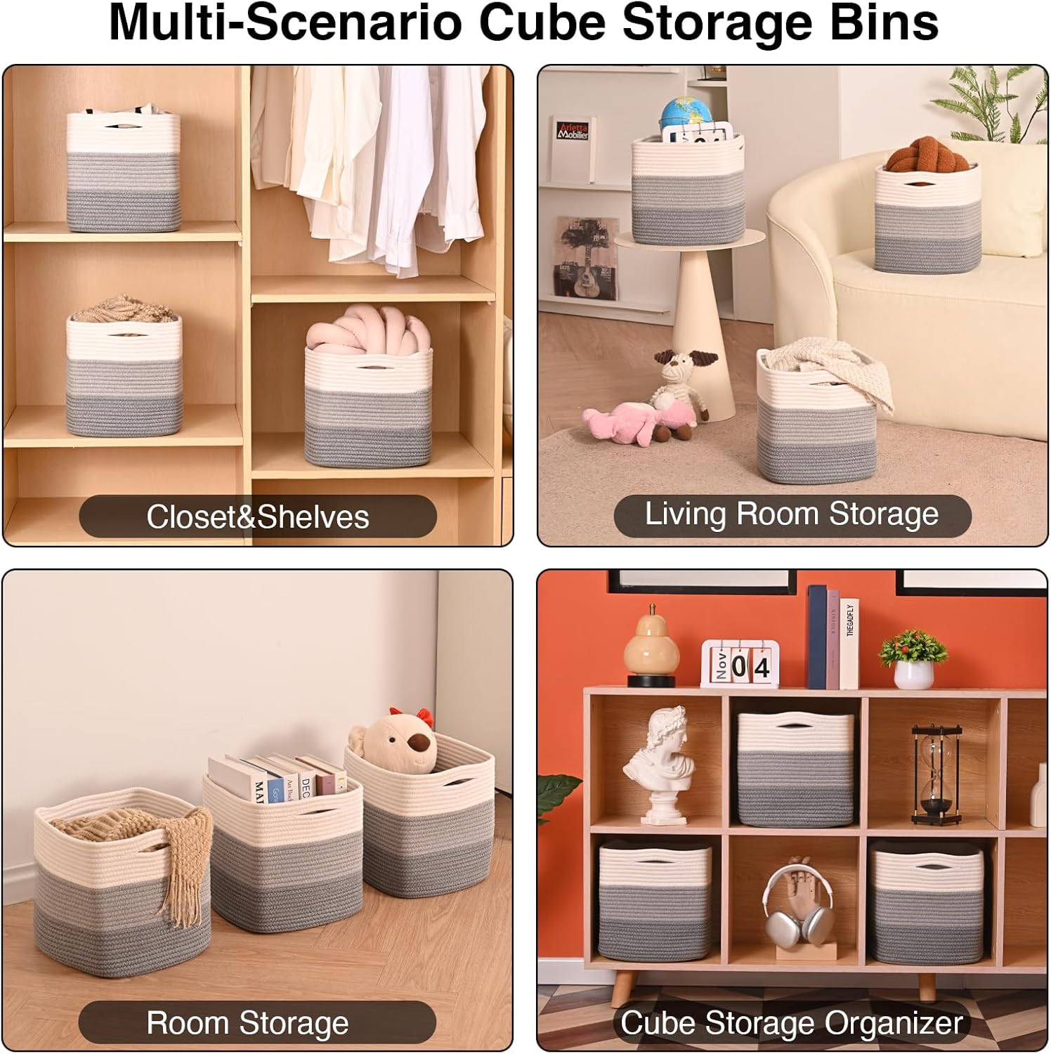 11 Inch Cube Storage Bins, Storage Cube Organizer Bins, Woven Cotton Rope Basket for Storage