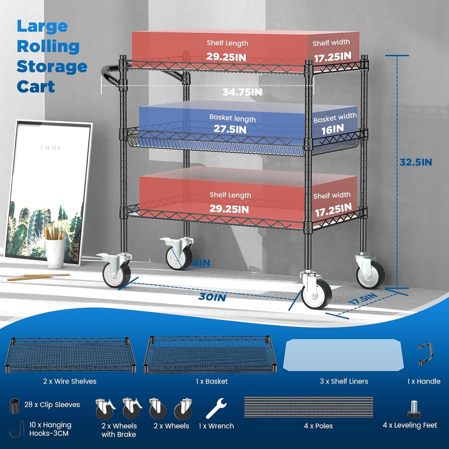 Leteuke 3 Tier Rolling Carts with Wheels,990Lbs Heavy Duty Rolling Utility Cart,NSF Commercial