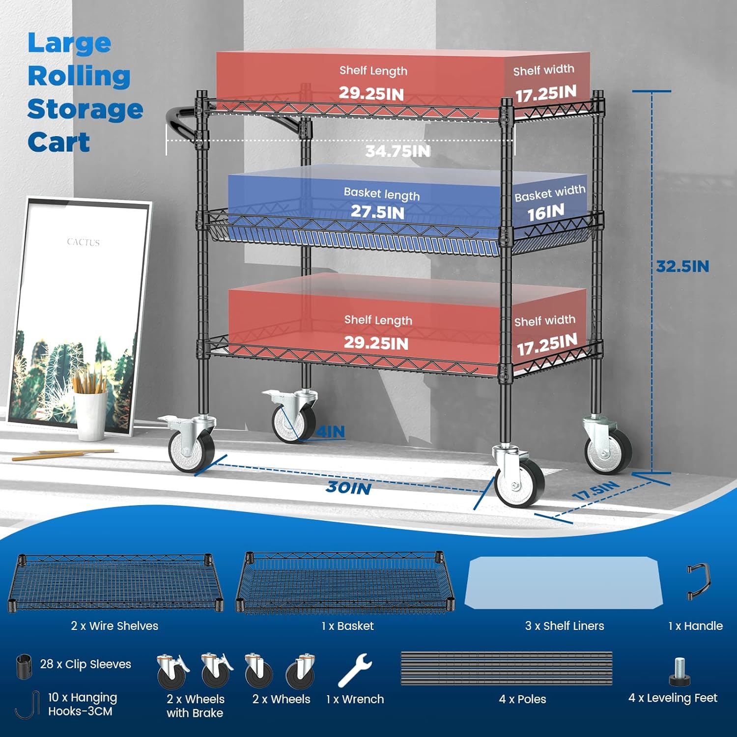 Leteuke 3 Tier Rolling Carts with Wheels,990Lbs Heavy Duty Rolling Utility Cart,NSF Commercial