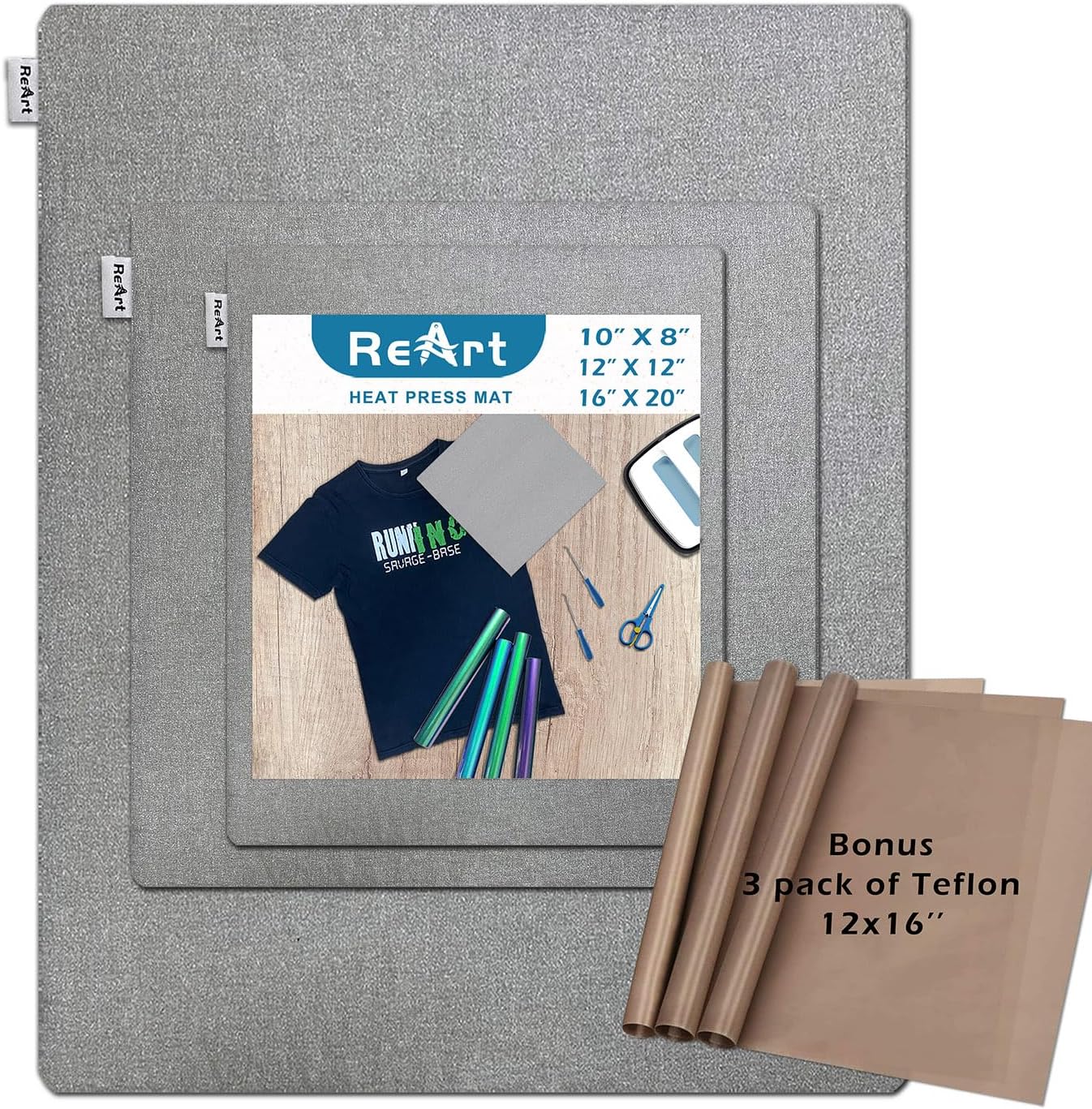 ReArt 3 Pcs Heat Press Mat 10" x 8" / 12" x 12" / 16" x 20" with 3 Pcs Teflon 12" x 16" for Cricut