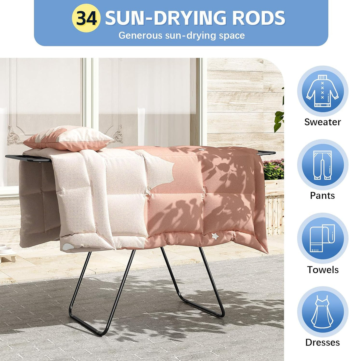 KINGBOARD Clothes Drying Rack Foldable, Drying Rack Clothing with Height-Adjustable, Metal Laundry