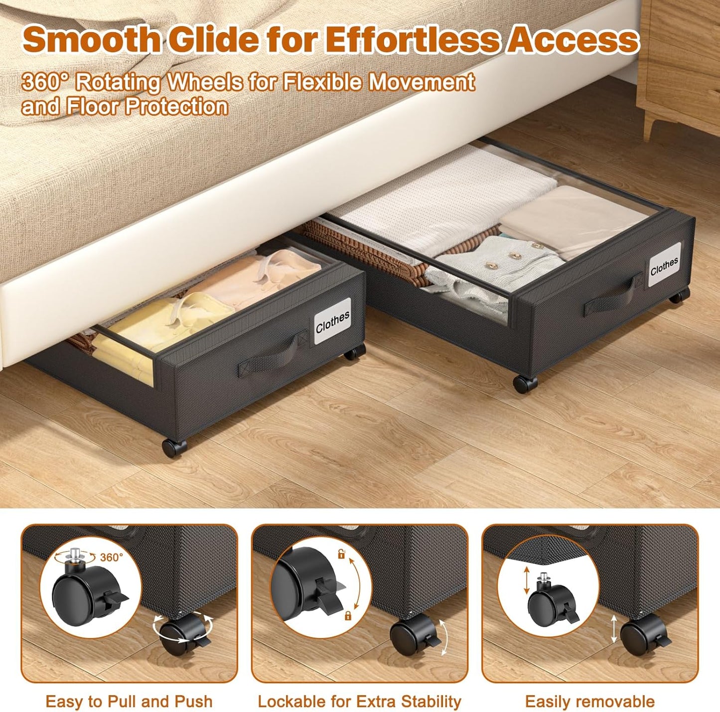 Under Bed Storage with Wheels,XXL 60L Under Bed Storage Containers with Clear Lids, Rolling Under