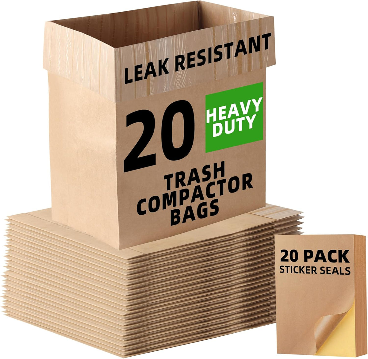 (20-Pack) Calvana Super Strong Compactor Bags, Heavy-Duty Kitchen Paper Trash Bags with Leak Proof
