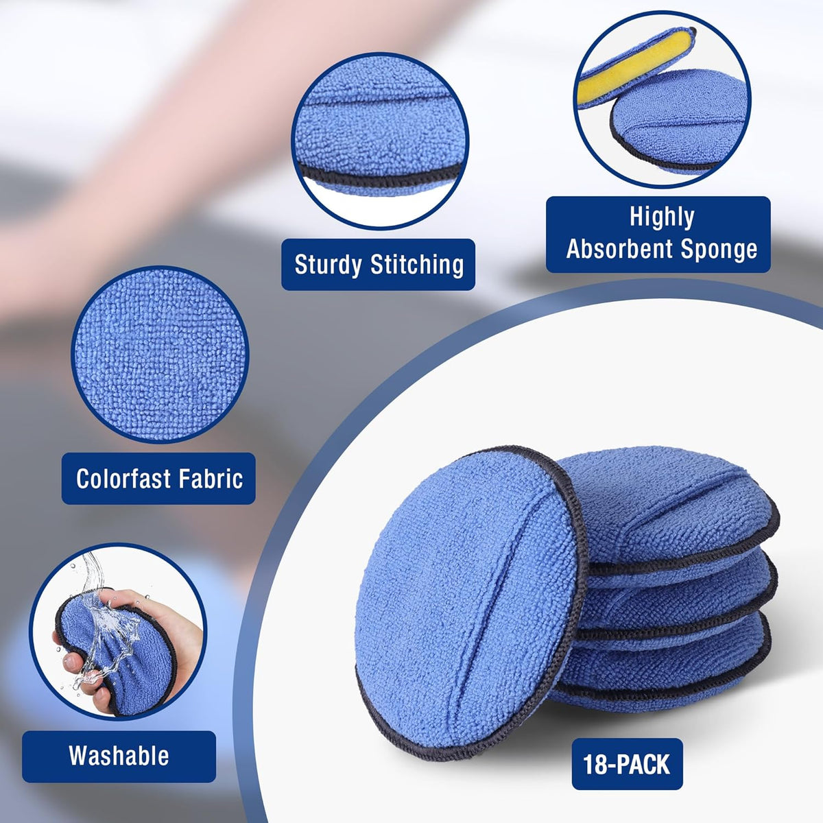 WORKPRO 18-Pack Car Wax Applicator Pads with Finger Pocket, Microfiber Soft Foam Polishing Pads for