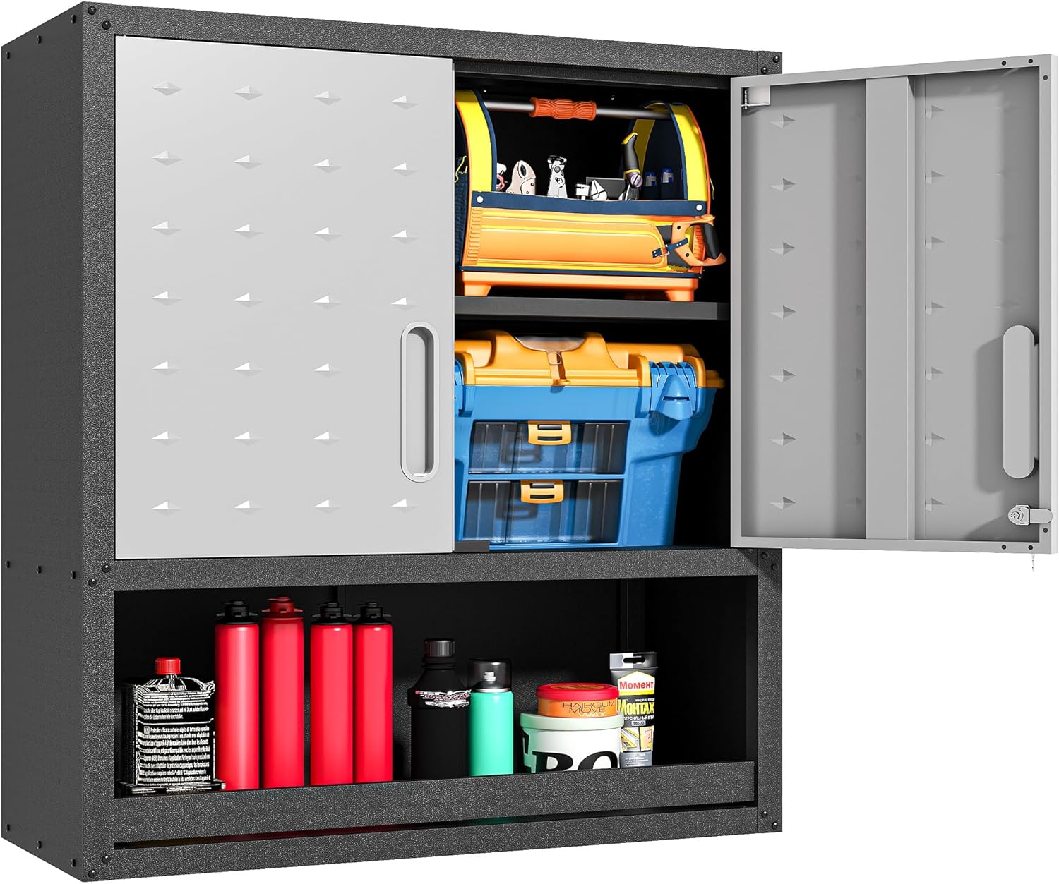Metal Wall Cabinets with Doors and Shelves Black and Gray Garage Cabinets Wall Mounted Adjustable