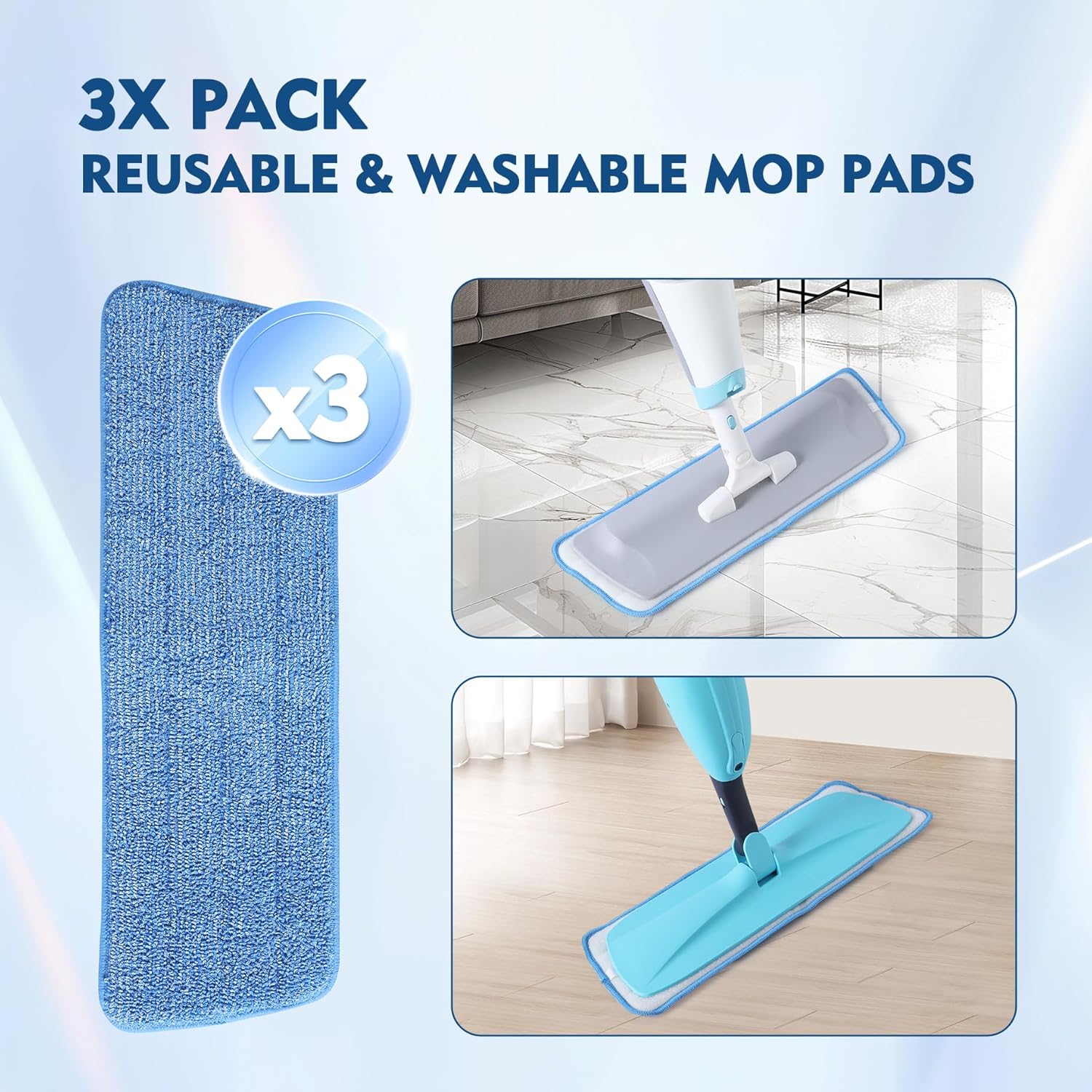 3 Pack Microfiber Mop Pads, Mop Replacement Pads Refills Floor Spray Mop Pads Wet Moping Pads