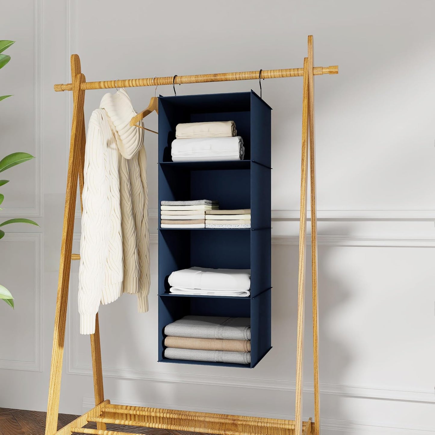 Hanging Closet Organizer - 4-Shelf, Easy Mount Foldable Wardrobe Storage Shelves for Clothes