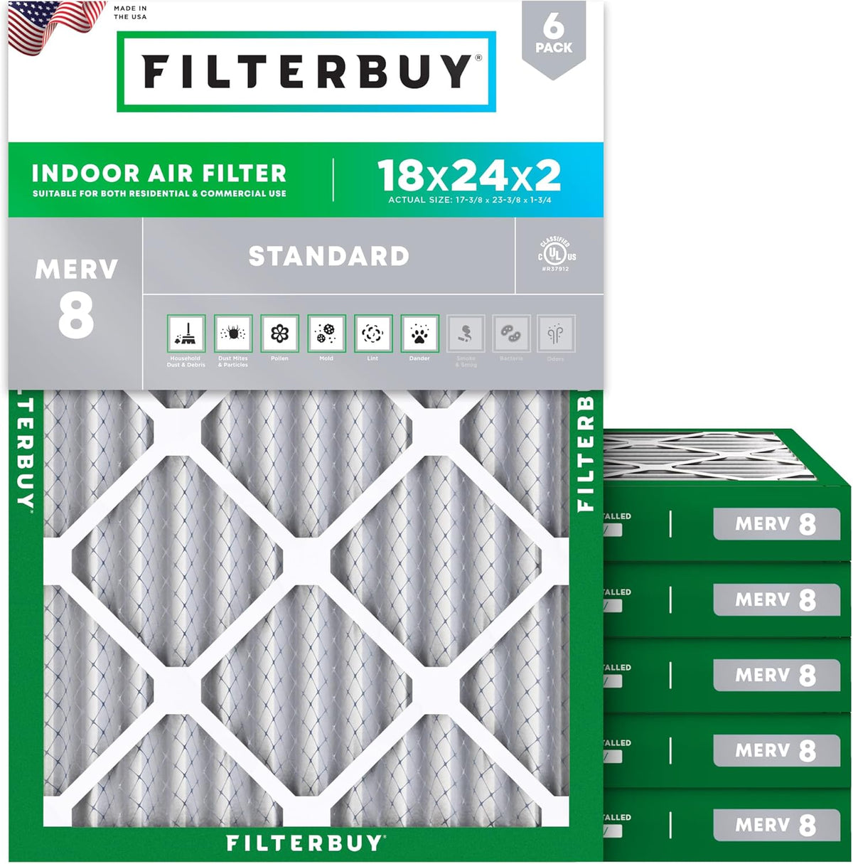Filterbuy 18x24x2 Air Filter MERV 8 (MPR 700) Dust Defense Replacement (6-Pack), Electrostatic
