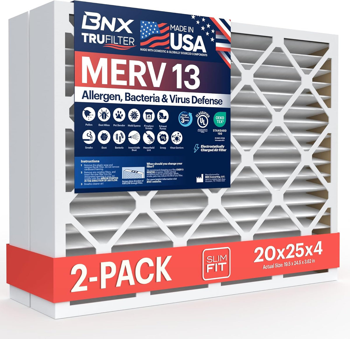 BNX TruFilter 20x25x4 (19.5’’ x 24.5’’ x 3.63‘’ Slim Fit) MERV 13 Air Filter (2-Pack) - MADE IN USA