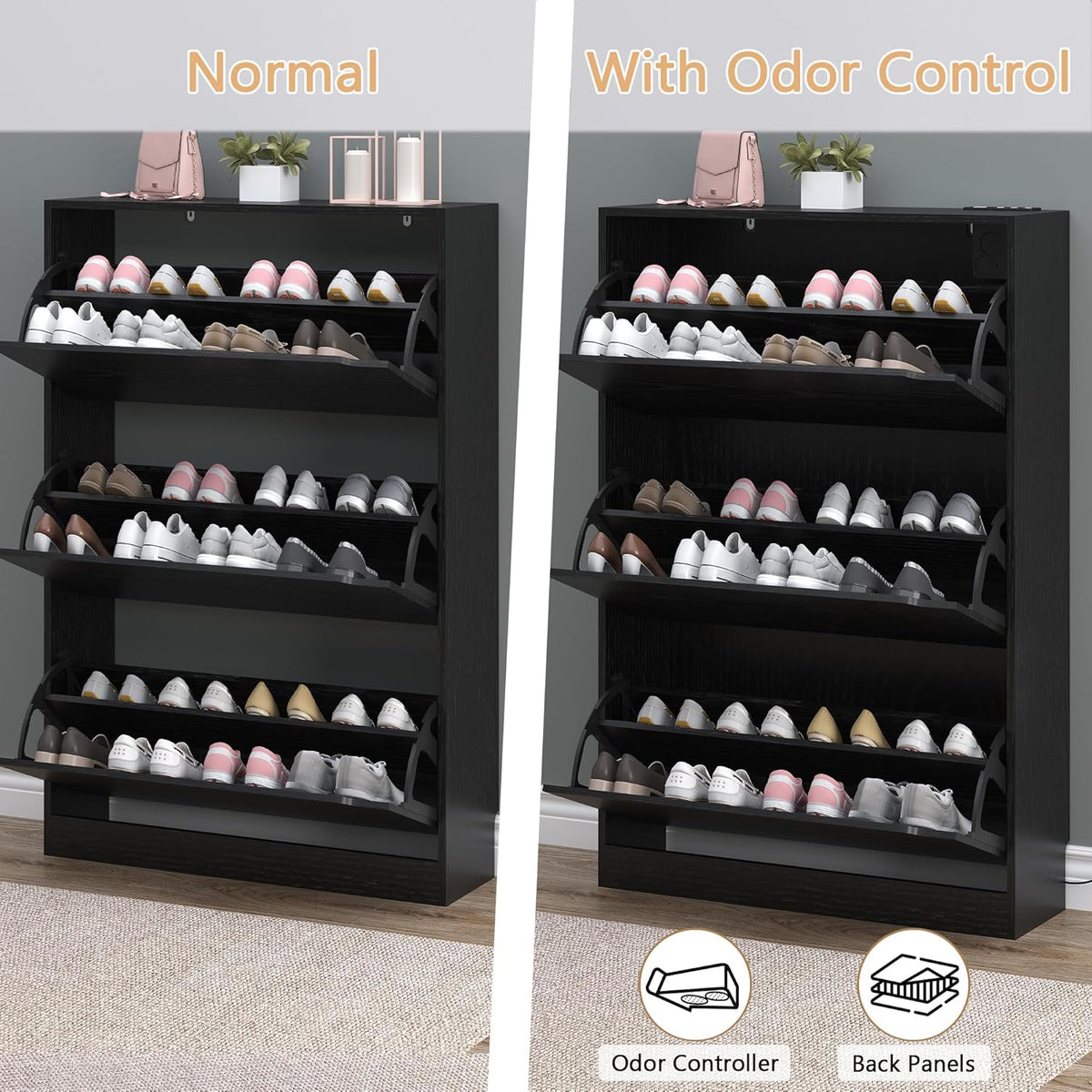 Shoe Cabinet with Odor Control and Back Panels, Deodorizing Slim 3-Flip Shoe Storage Cabinet for