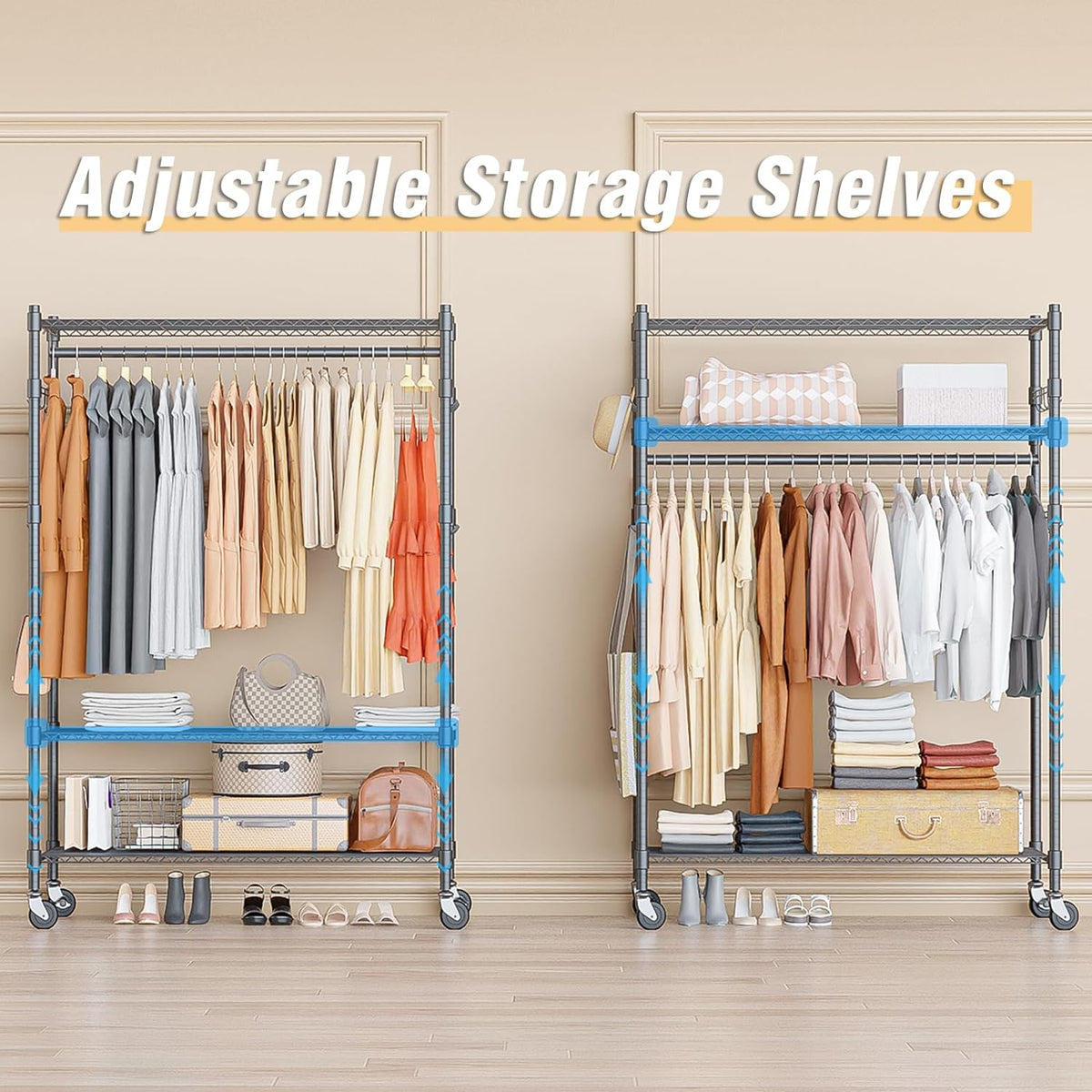 Homdox Heavy Duty Rolling Clothing Rack, Adjustable Garment Rack with 3 Tier Storage Shelves