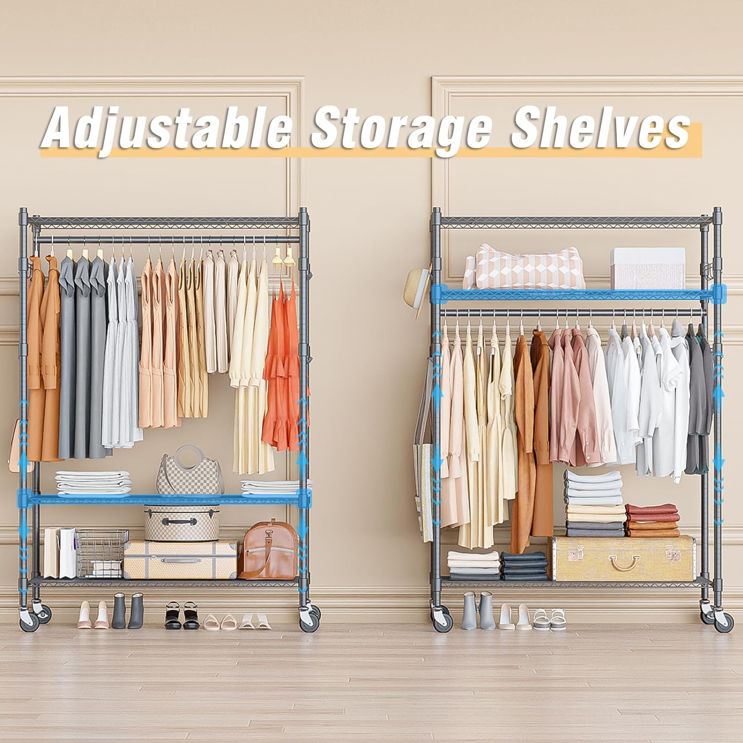 Homdox Heavy Duty Rolling Clothing Rack, Adjustable Garment Rack with 3 Tier Storage Shelves