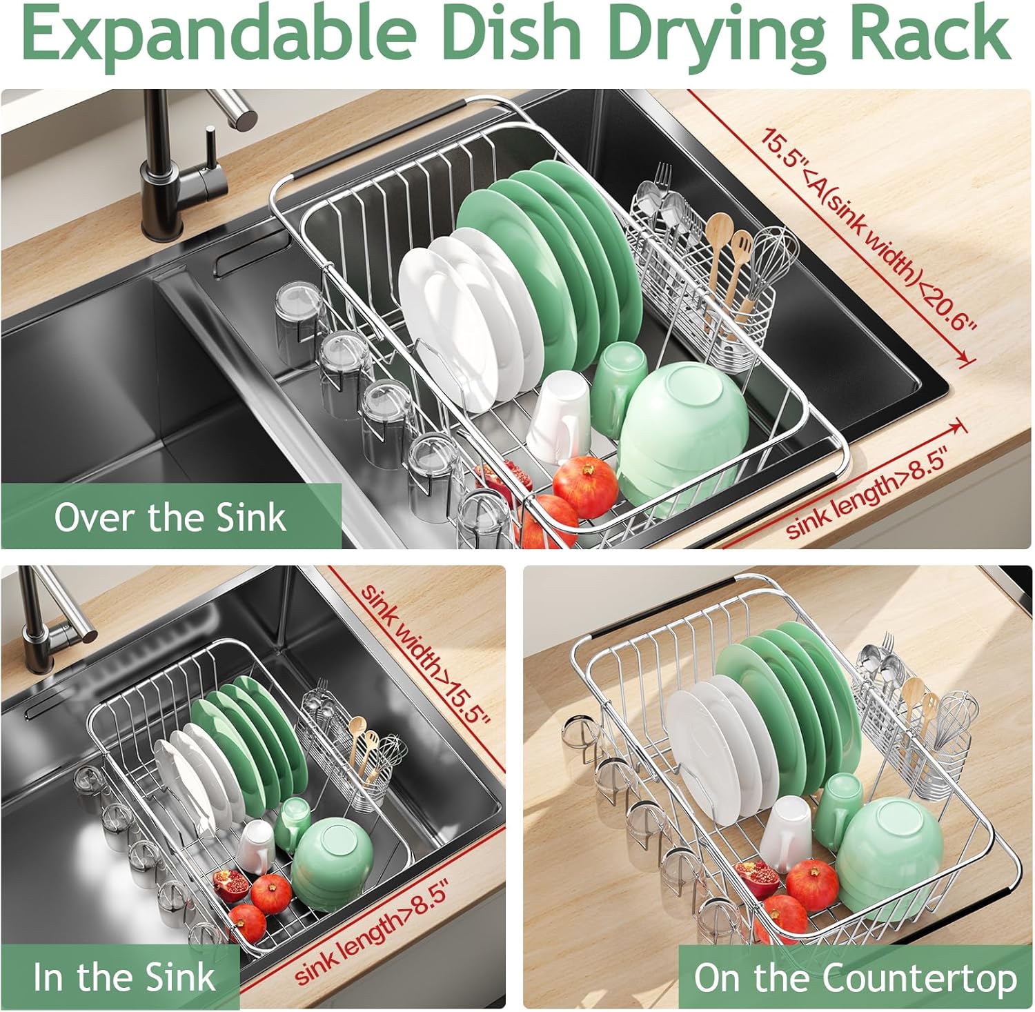 Small Dish Drying Rack in Sink, Extendable Stainless Steel Dish Drainers for Kitchen Counter