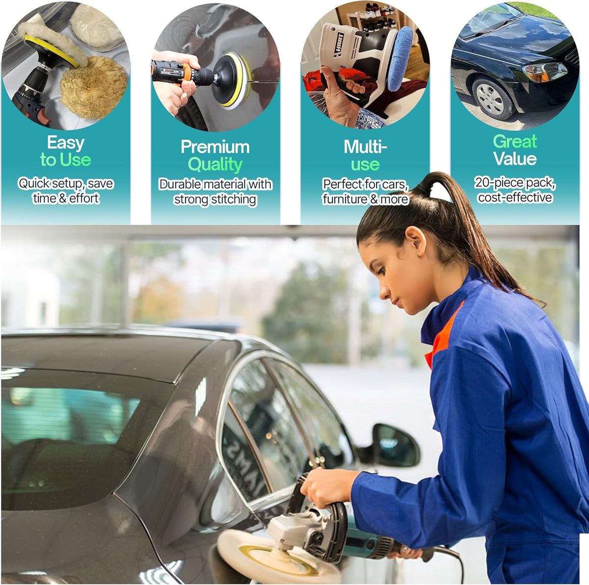 6 Pack Buffing Pads, Polishing Pad Covers, Microfiber & Wool for 5–6 Inch Buffer Polisher; Car